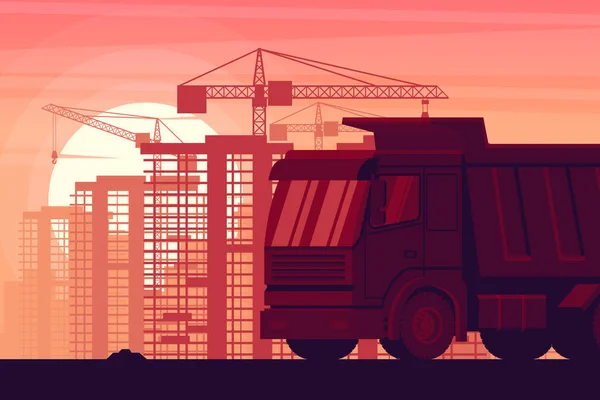 Background Sunset Heavy Machinery Dump Truck City Buildings Construction — Vector de stock