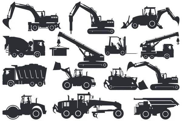 Set Heavy Machinery Silhouettes Truck Soil Compactor Backhoe Excavator Forklift — 스톡 벡터