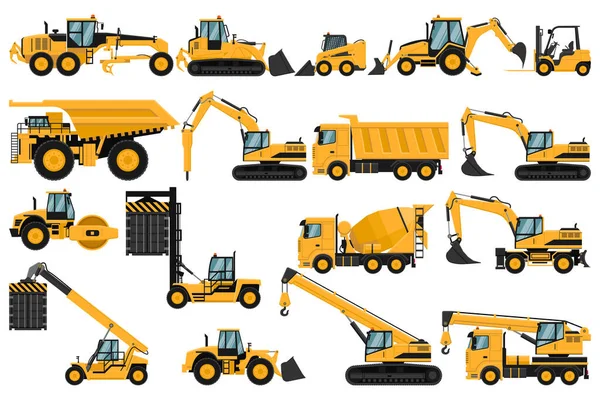 Set Heavy Machinery Truck Soil Compactor Backhoe Excavator Forklift Front — Image vectorielle