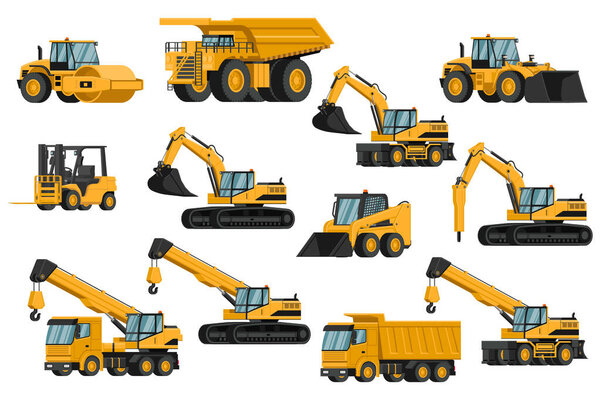 Set of heavy machinery 3d, truck, soil compactor, backhoe, excavator, forklift, front loader, crane, hammer, for construction and mining