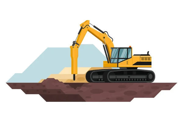 Excavadora Martillo Orugas Trabajos Construcción Minería Con Maquinaria Pesada — Vector de stock