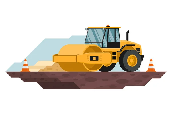 Soil Compactor Roller Safety Cones Construction Mining Work Heavy Machinery — Archivo Imágenes Vectoriales