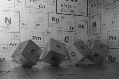 Background of 3d chemistry cubes of the elements of the periodic table, carbon, hydrogen, oxygen and nitrogen, background for education, science, technology and engineering
