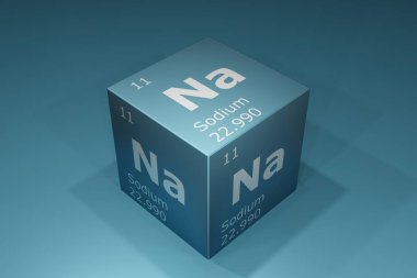 Sodium, 3D rendering of symbols of the elements of the periodic table, atomic number, atomic weight, name and symbol. Education, science and technology. 3D illustration