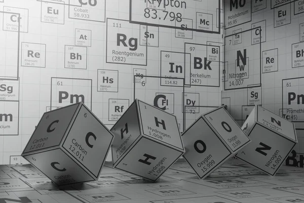 Background of 3d cubes of the elements of the periodic table, carbon, hydrogen, oxygen and nitrogen, background for education, science, technology and engineering