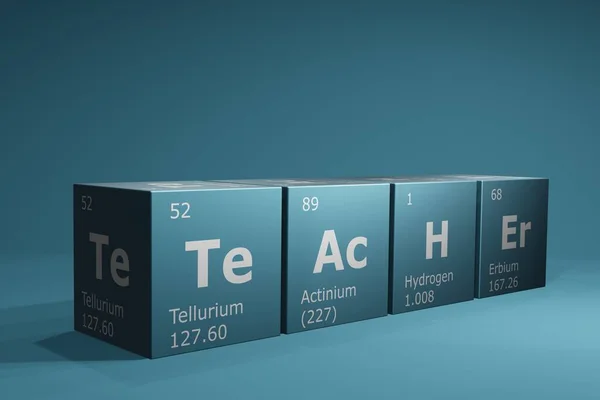 3D rendering cubes of the elements of the periodic table, tellurium, actinium, hydrogen and erbium forming the word teacher. Science, technology and engineering. 3D illustration