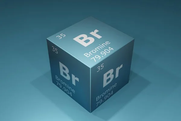 Bromine, 3D rendering of symbols of the elements of the periodic table, atomic number, atomic weight, name and symbol. Education, science and technology. 3D illustration