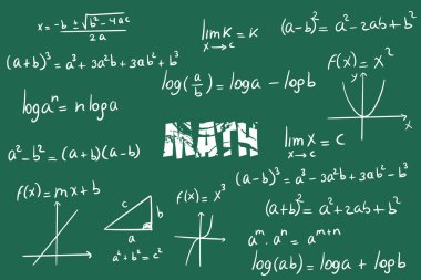 Math exercises, formulas and equations for calculus, algebra on green chalkboard background