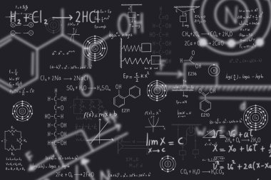 Calculus equations, algebra, organic chemistry, chemical reactions, chemical elements, physics, rectilinear motion, statics, electromagnetism, friction force, energy, with black background