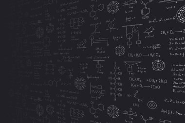 Calculus equations in perspective, algebra, organic chemistry, chemical reactions, chemical elements, physics, rectilinear motion, statics, electromagnetism, energy, on a black background