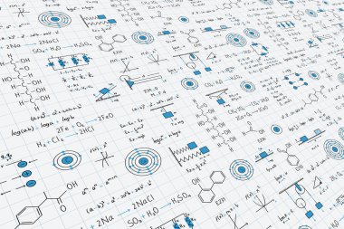 Calculus equations, algebra, organic chemistry, chemical reactions, chemical elements, physics, rectilinear motion, electromagnetism, energy on a grid background in science and engineering perspective