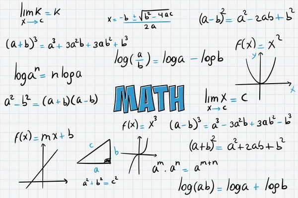Математичні Вправи Формули Рівняння Обчислення Алгебра Фоном Аркуша Сітки — стоковий вектор