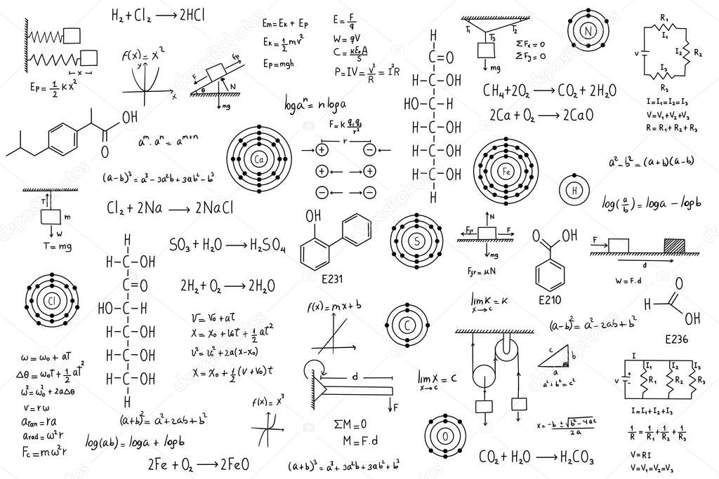 Calculus equations, algebra, organic chemistry, chemical reactions, chemical elements, physics, rectilinear motion, statics, electromagnetism, friction force, energy, with white background