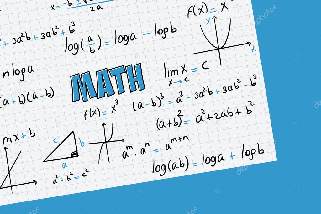 Math exercises, formulas and equations for calculus, algebra with grid sheet and blue background