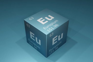 Europium, 3D rendering of symbols of the elements of the periodic table, atomic number, atomic weight, name and symbol. Education, science and technology. 3D illustration