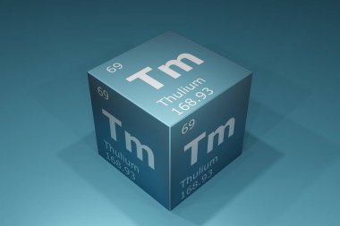 Thulium, 3D rendering of symbols of the elements of the periodic table, atomic number, atomic weight, name and symbol. Education, science and technology. 3D illustration