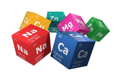 3D rendering of the elements of the periodic table, sodium, calcium, zinc, magnesium, iron and copper. Education, science, technology and engineering background. 3D illustration clipart