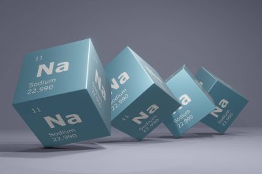 3D rendering of sodium, chemical element from the periodic table. Education, science and technology background. 3D illustration
