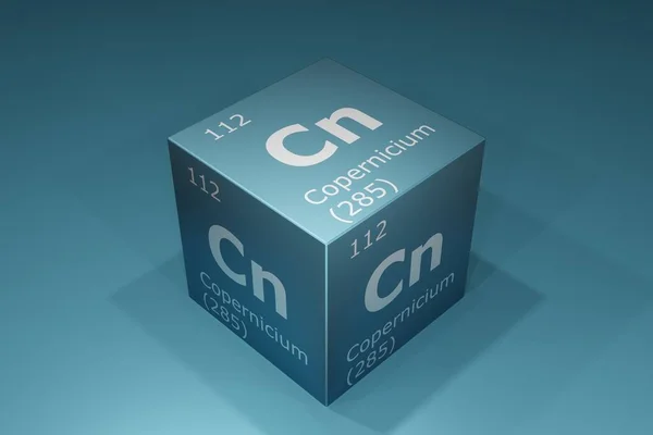 Copernicium, 3D rendering of symbols of the elements of the periodic table, atomic number, atomic weight, name and symbol. Education, science and technology. 3D illustration