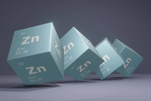 3D rendering of zinc, chemical element of the periodic table. Education, science and technology background. 3D illustration