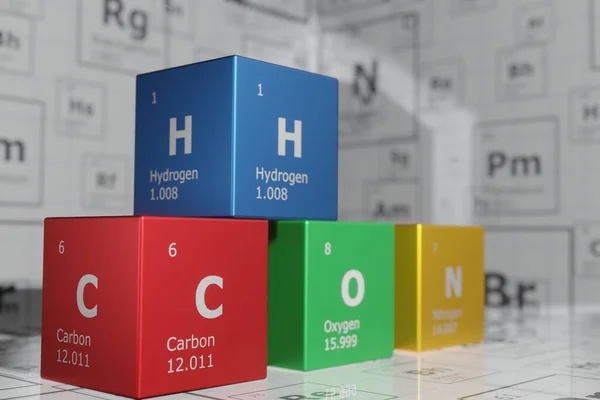3D rendering of cubes of the elements of the periodic table, carbon, hydrogen, oxygen and nitrogen. Science, technology and engineering. 3D illustration