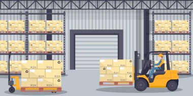 Industrial warehouse for the storage of export products with boxes and racks with stacked boxes. Worker driving forklift loading pallets. Industrial storage and distribution of products
