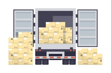Pallet with boxes stacked in a refrigerator truck for delivery in warehouse. Industrial storage and distribution of products