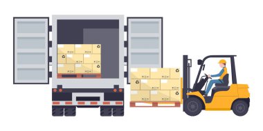 Worker driving a forklift loading a pallet with stacked boxes to a refrigerator truck. Industrial storage and distribution of products