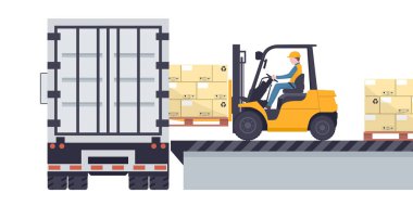 Worker driving a forklift loading a pallet with stacked boxes to a refrigerator truck. Industrial storage and distribution of products