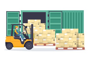 Forklift truck loading pallet with stacked boxes to a green cargo container or shipping container for storage and transportation of merchandise. Industrial storage and distribution of products