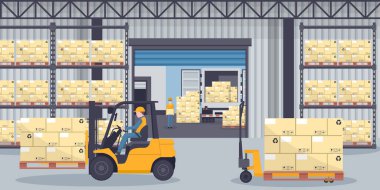 Industrial warehouse for the storage of products with metal racks and shelves for pallet support. Forklift trucks unloading from refrigerated truck. Industrial storage and distribution of products