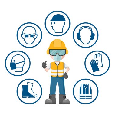 Worker wearing his personal protective equipment. Set of industrial safety and occupational health icons for the prevention of occupational risks and accidents