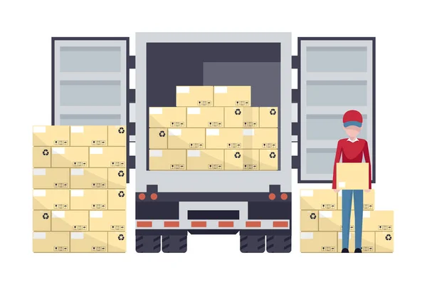 Worker Loading Box Pallet Stacked Boxes Warehouse Refrigerator Truck Industrial — Stok Vektör