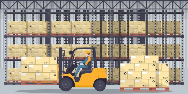 Industrial Warehouse Storage Export Products Boxes Racks Stacked Boxes Worker — Stok Vektör