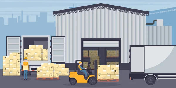 Industrial Warehouse Storage Products Racks Stacked Boxes Worker Driving Forklift —  Vetores de Stock