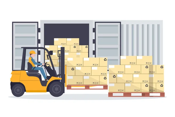 Forklift Truck Loading Pallet Stacked Boxes Cargo Container Shipping Container — Stok Vektör