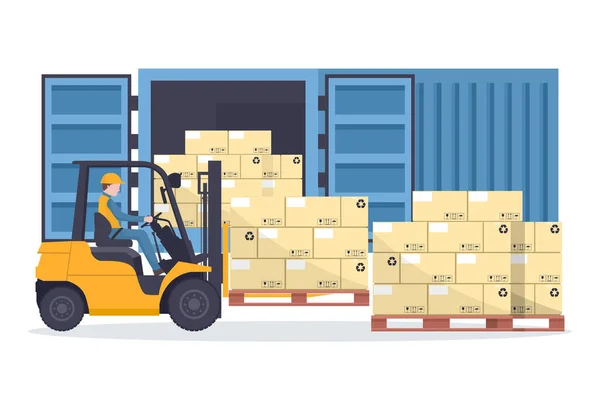 Forklift Truck Loading Pallet Stacked Boxes Blue Cargo Container Shipping — Stock Vector