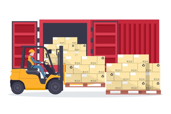 Вилковий Вантажівка Завантажує Піддон Складеними Коробками Червоний Вантажний Контейнер Або — стоковий вектор