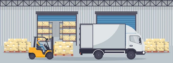 Industrial warehouse for the storage of products with metal racks and shelves for pallet support. Forklift trucks unloading from refrigerated truck. Industrial storage and distribution of products