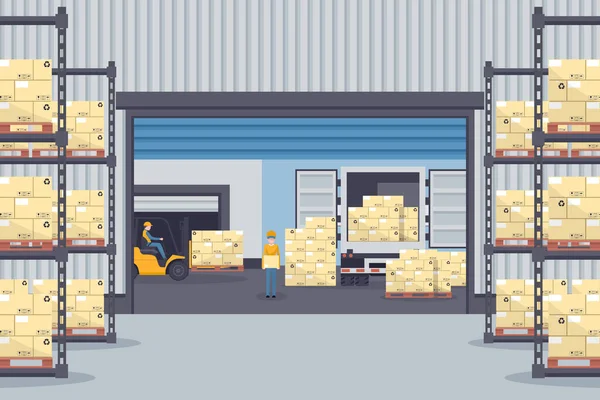 Industrial warehouse for the storage of products with metal racks and shelves for pallet support. Forklift trucks unloading from refrigerated truck. Industrial storage and distribution of products