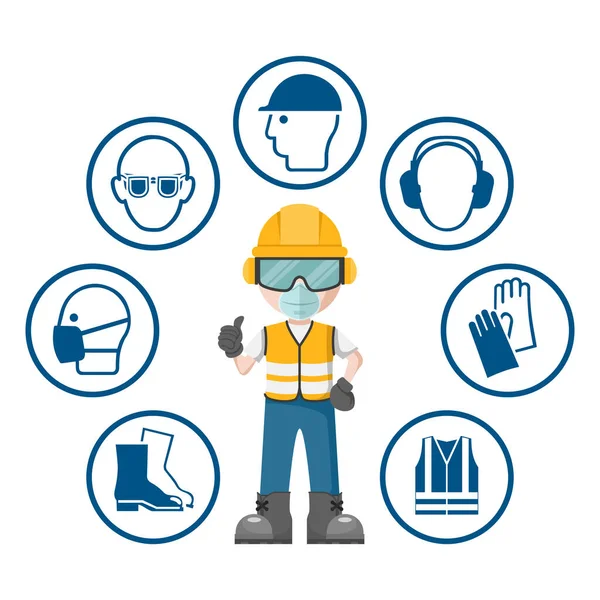 Worker wearing his personal protective equipment. Set of industrial safety and occupational health icons for the prevention of occupational risks and accidents