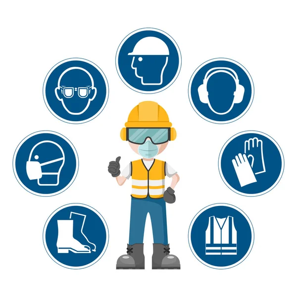 Worker Wearing His Personal Protective Equipment Set Icons Pictograms Industrial — Vettoriale Stock