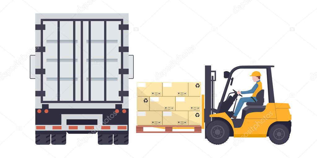 Worker driving a forklift loading a pallet with stacked boxes to a refrigerator truck. Industrial storage and distribution of products