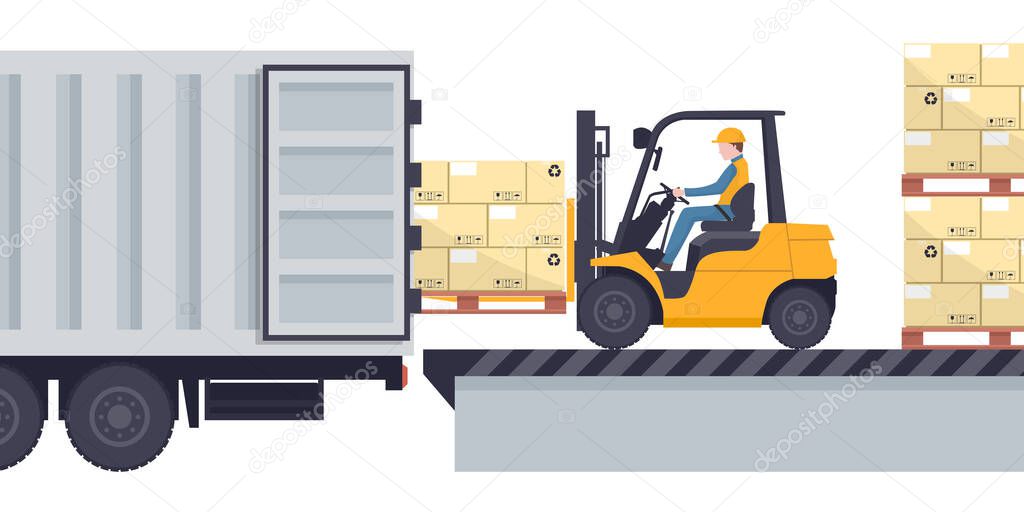 Worker driving a forklift loading a pallet with stacked boxes to a refrigerator truck. Industrial storage and distribution of products
