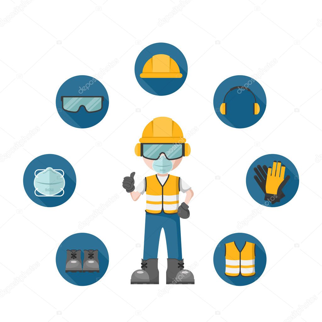 Worker wearing his personal protective equipment. Set of industrial safety and occupational health icons for the prevention of occupational risks and accidents