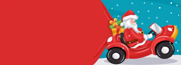 Merry Christmas Background Santa Claus Driving Car Pulling Gift Bag — Image vectorielle