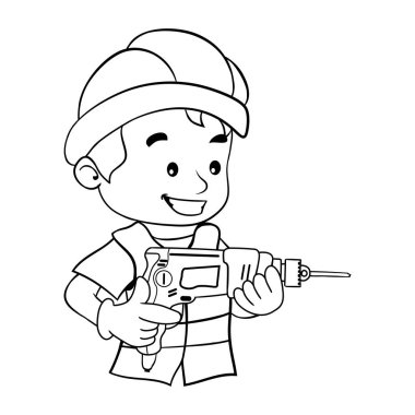 Cartoon design of labor worker with his safety helmet operating a drill. Industrial construction worker or carpentry. Coloring page