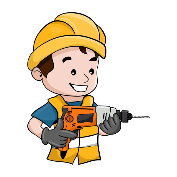 Cartoon Design Labor Worker His Safety Helmet Operating Drill Industrial — Stockový vektor