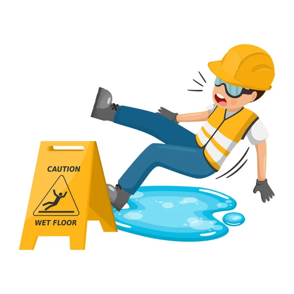 Wet floor warning and caution sign to avoid falls and accidents. Worker slipping in a puddle of water. Industrial safety and occupational health at work