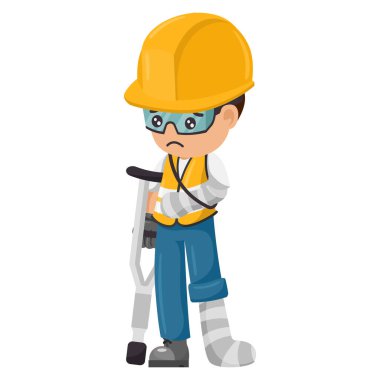 Injured industrial construction worker with bandages and plaster after a workplace accident. Industrial safety and occupational health at work